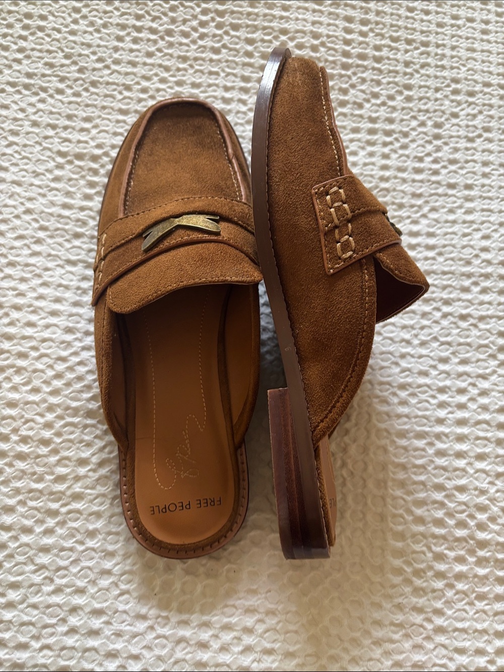 Free People women’s Suede Slip-On Loafers in Brown with Gold Bit - Picture 2 of 3